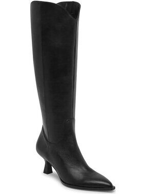 Women's Wide Calf Knee High Kitten Heel Pointed Toe Boots Side Zipper Cool Black